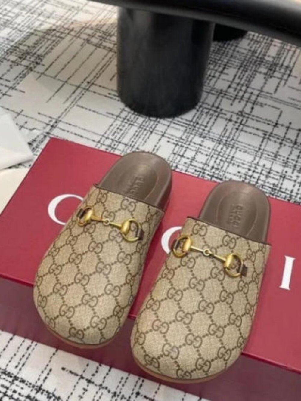 Gucci Beige Monogram Clogs - With Original Box